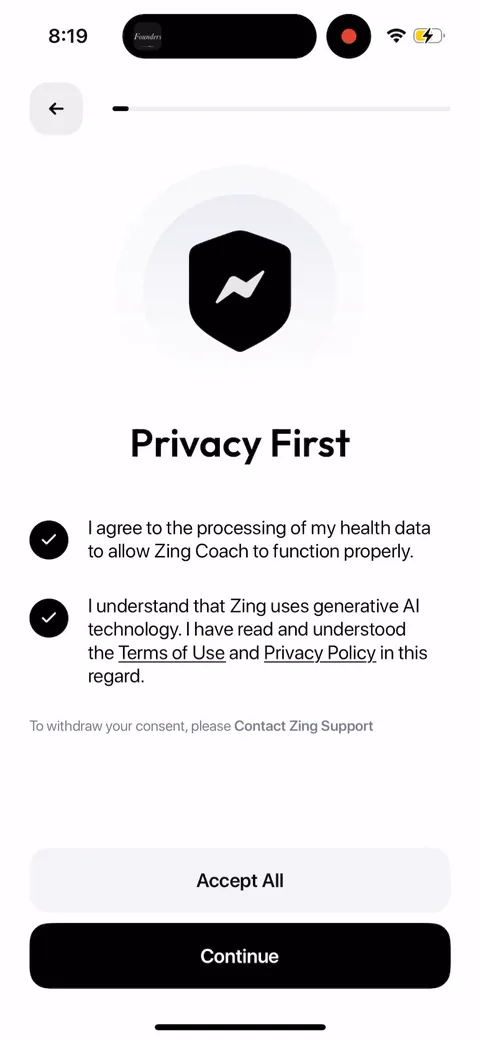 Zing Coach onboarding screen 6: Health-data consent gated before the quiz starts