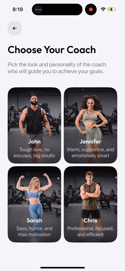 Zing Coach onboarding screen 8: Pick your coach from four personas with real personalities (John tough love, Sarah sass, Jennifer warm, Chris…