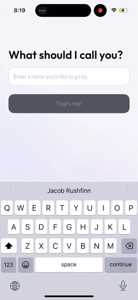 Zing Coach onboarding screen 10: Asks your name and reuses it later