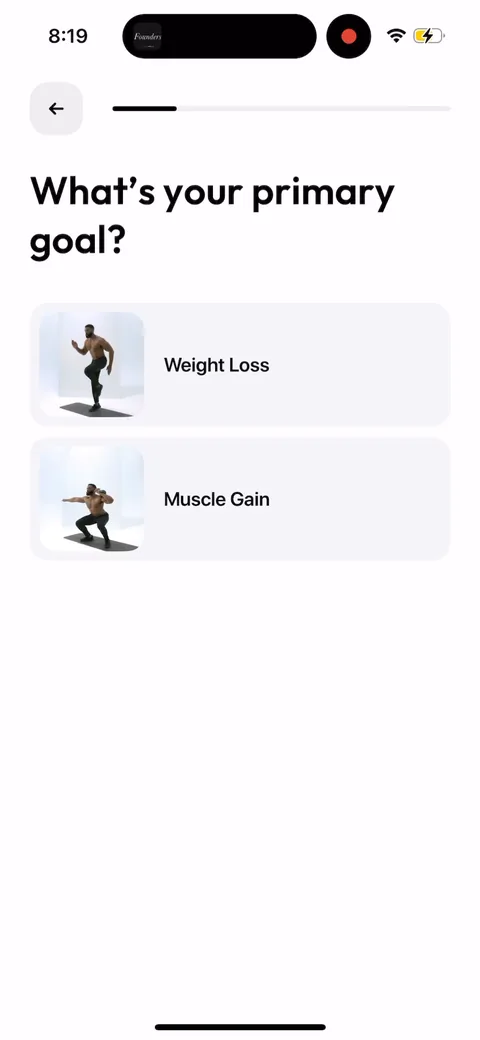 Zing Coach onboarding screen 11: Primary goal question, weight loss vs muscle gain