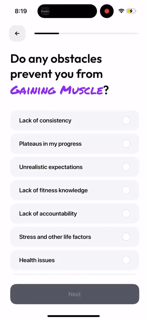 Zing Coach onboarding screen 13: Single-select on obstacles (lack of consistency, plateaus, no accountability, stress)