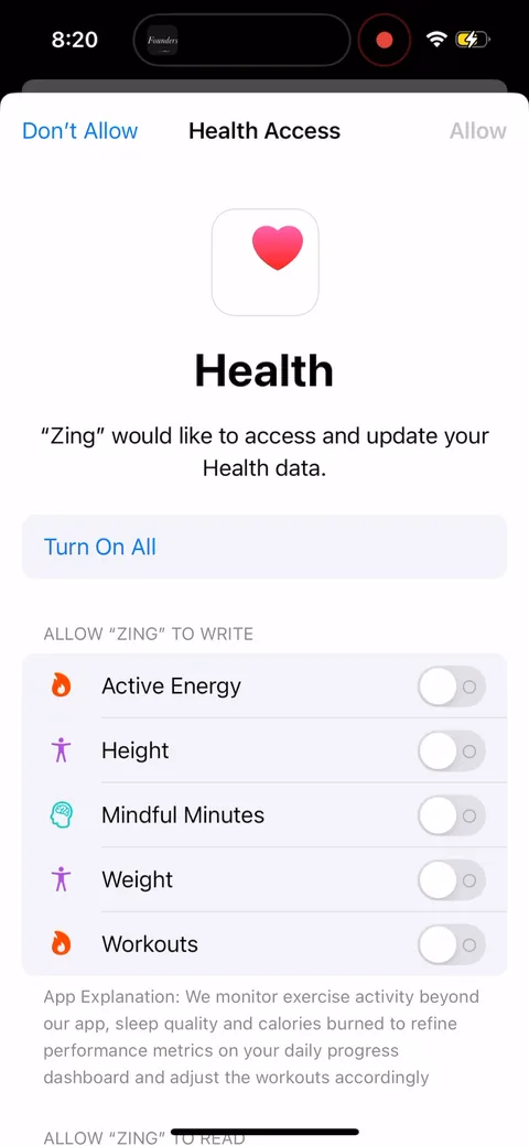 Zing Coach onboarding screen 17: Apple Health access asked mid-flow
