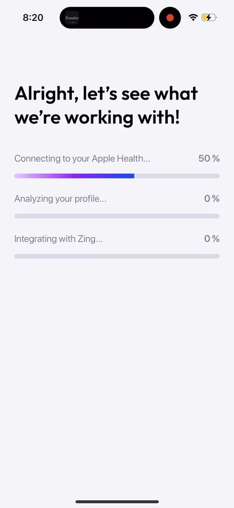 Zing Coach onboarding screen 18: Loading screen showing 'connecting to Apple Health, analyzing your profile, integrating with Zing'