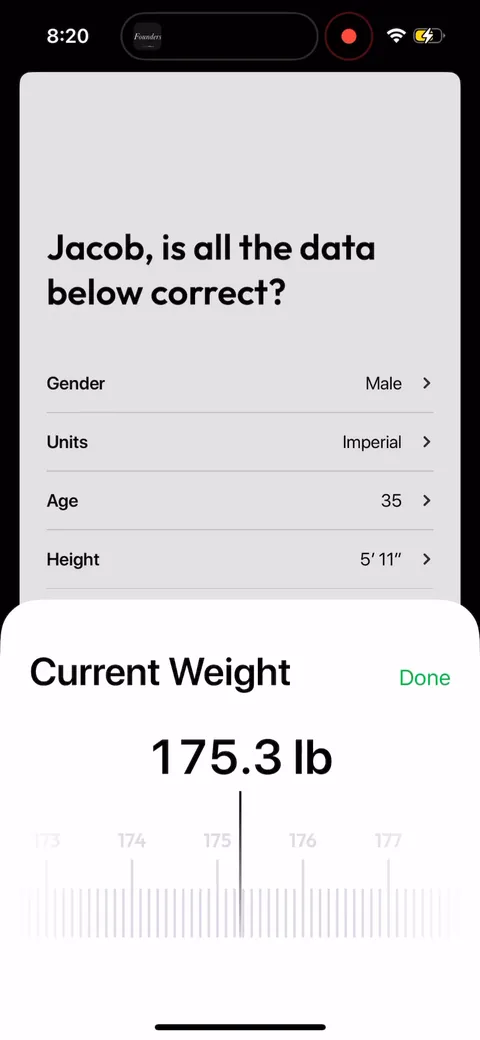 Zing Coach onboarding screen 19: Age, height, and current weight pre-filled from Apple Health, you just confirm