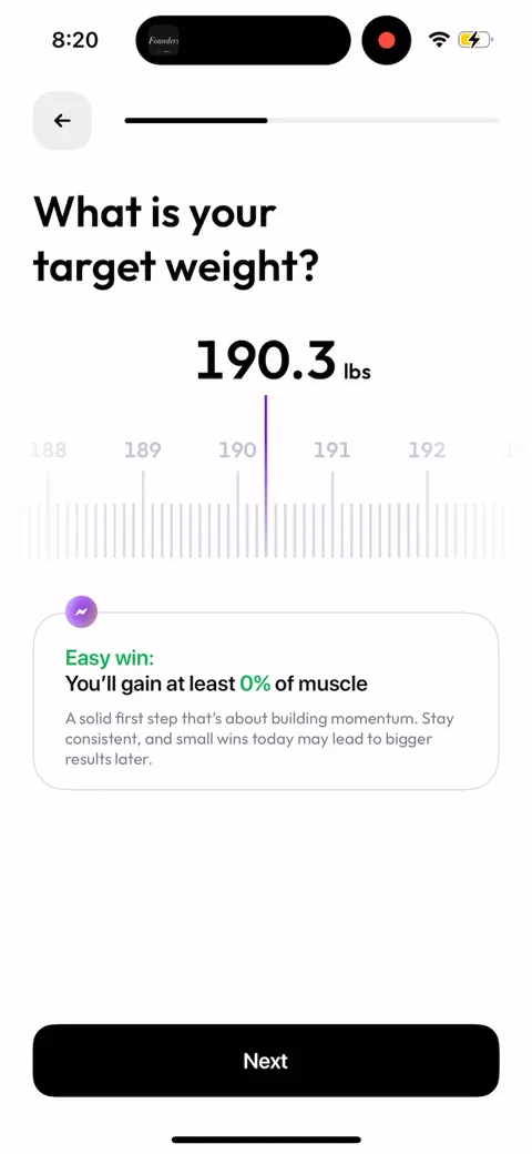 Zing Coach onboarding screen 21: Target weight picker with an 'Easy win: you'll gain at least 0% of muscle' callout