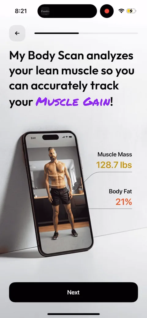 Zing Coach onboarding screen 23: Body-scan screen teasing muscle mass and body fat tracking