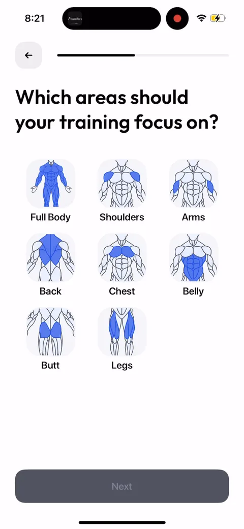 Zing Coach onboarding screen 24: Multi-select on which areas to train (shoulders, arms, back, chest, legs, etc)