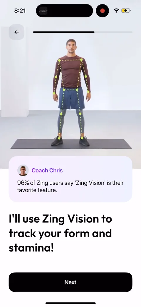Zing Coach onboarding screen 31: '96% of Zing users say Zing Vision is their favorite feature' dropped into the quiz next to a body-scan render