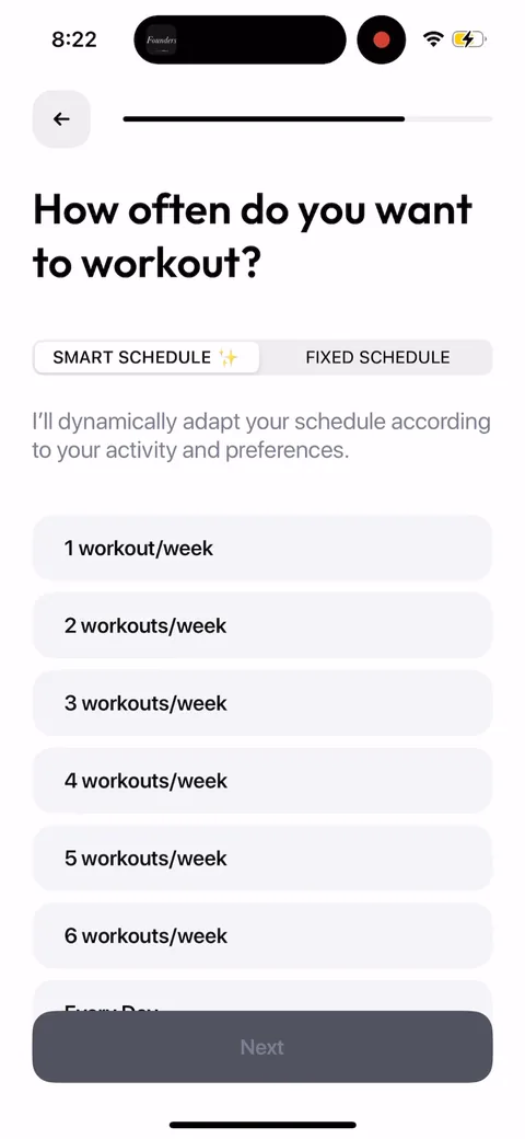 Zing Coach onboarding screen 34: Workout frequency with a 'smart schedule' default that 'dynamically adapts'