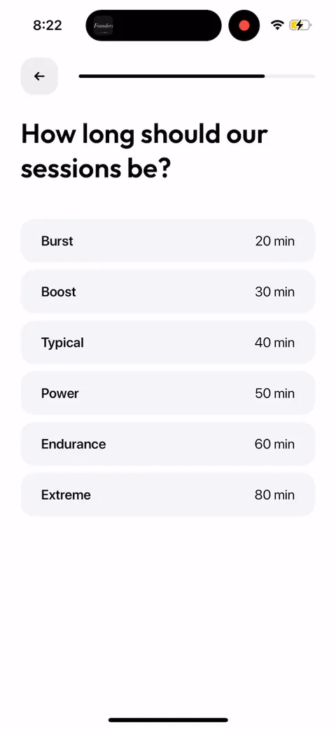 Zing Coach onboarding screen 36: Session length with named tiers (Burst 20, Boost 30, Typical 40, Power 50, Endurance 60)