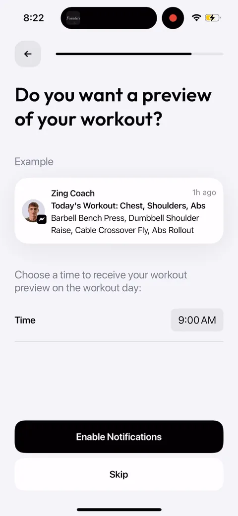 Zing Coach onboarding screen 37: Workout preview plus the notification opt-in, framed as 'choose a time to receive your workout preview'