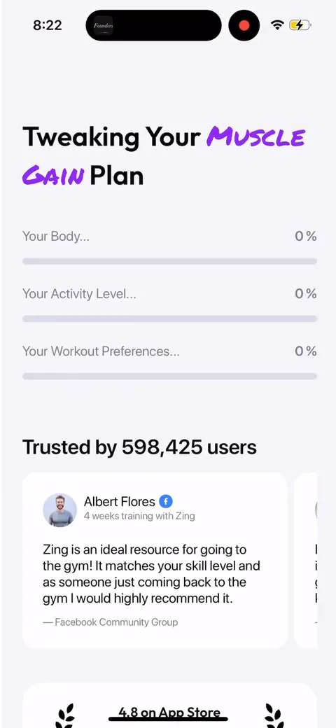 Zing Coach onboarding screen 38: 'Tweaking your muscle gain plan' loading bars stacked with a testimonial from Albert Flores and 'trusted by…