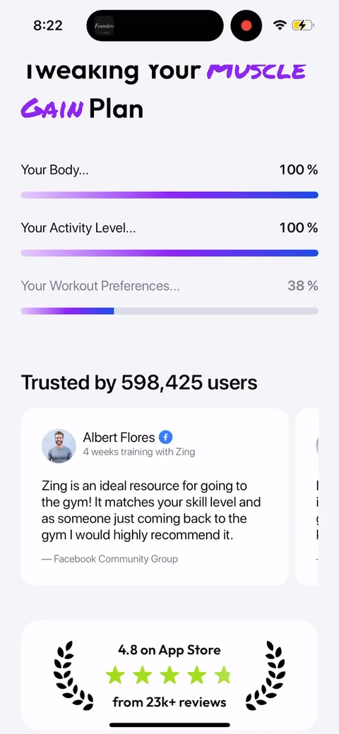 Zing Coach onboarding screen 40: Same loading screen finishing out with '4.8 on App Store from 23k reviews' and the laurels