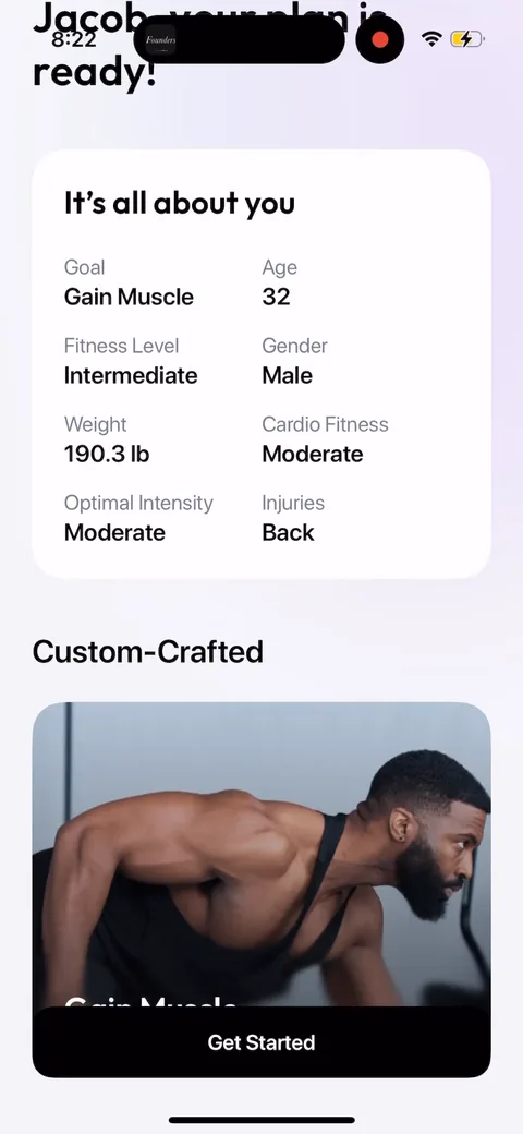 Zing Coach onboarding screen 41: 'It's all about you' summary echoing back goal, age, fitness level, weight, injuries, intensity
