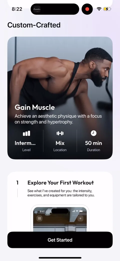 Zing Coach onboarding screen 42: First-workout preview before any paywall: the Gain Muscle plan with level, location, duration, and an…
