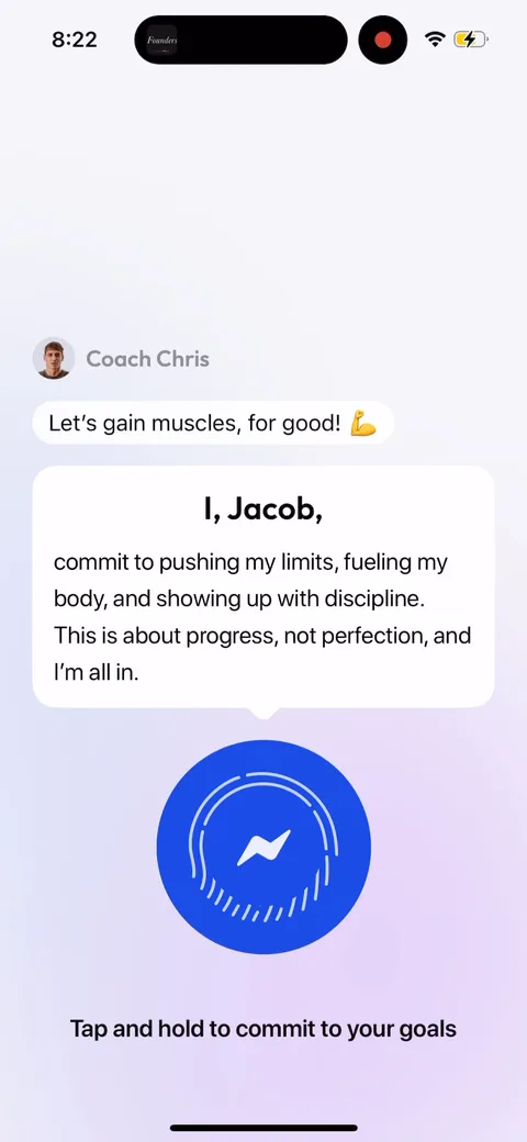 Zing Coach onboarding screen 45: Tap-and-hold to commit, first person with your name in it ('I, Jacob, commit to pushing my limits')