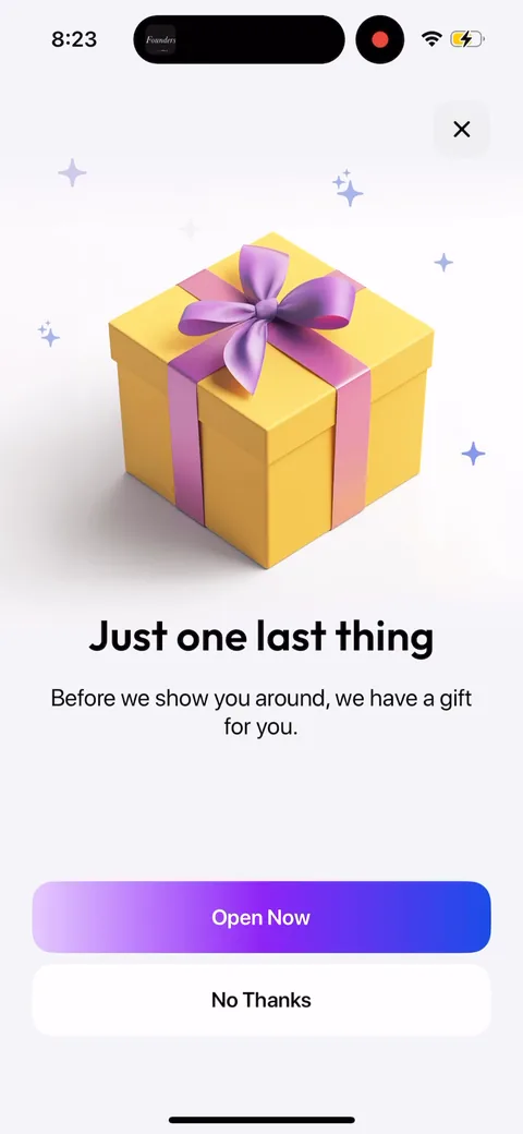 Zing Coach onboarding screen 52: Hit the X and you get a gift box, 'just one last thing, we have a gift for you'