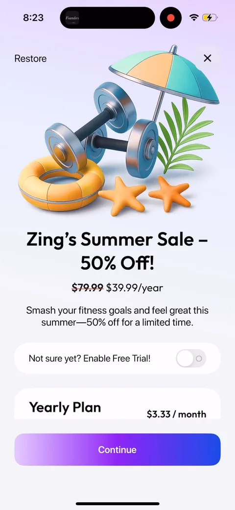 Zing Coach onboarding screen 54: The 'gift' is a 50% off summer sale, $79.99 struck through to $39.99/year