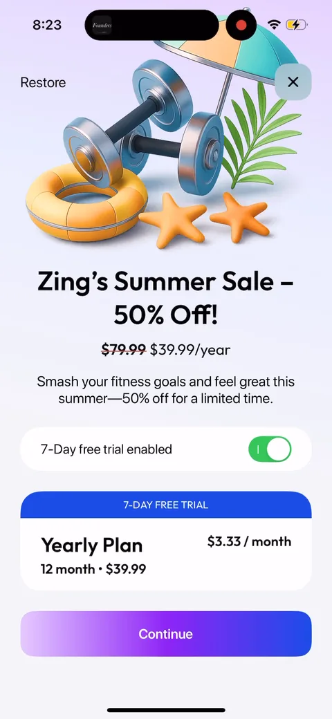 Zing Coach onboarding screen 55: Same sale, but now the 7-day trial is toggled ON by default