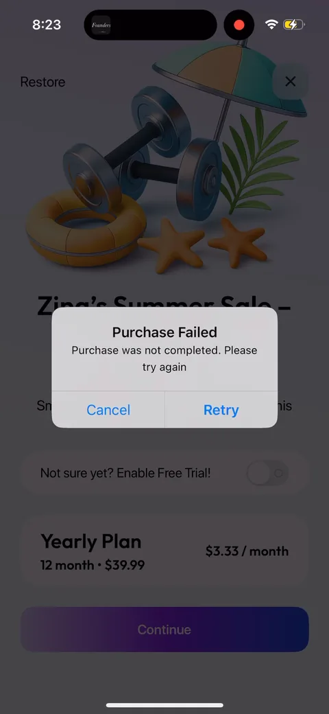 Zing Coach onboarding screen 57: A purchase-failed screen with retry