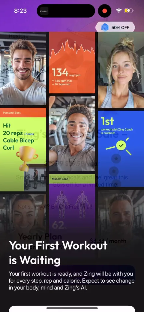 Zing Coach onboarding screen 58: Straight into 'your first workout is waiting' after the paywall