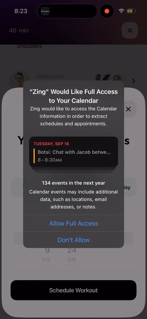 Zing Coach onboarding screen 67: Calendar permission to schedule workouts onto your real calendar