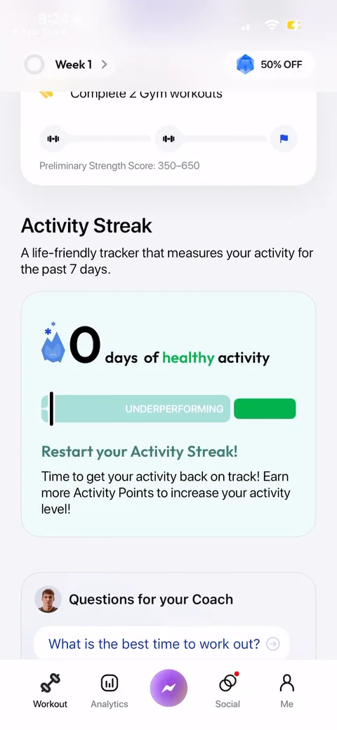 Zing Coach onboarding screen 73: Activity streak starts at 0 with 'restart your activity streak, time to get your activity back on track'