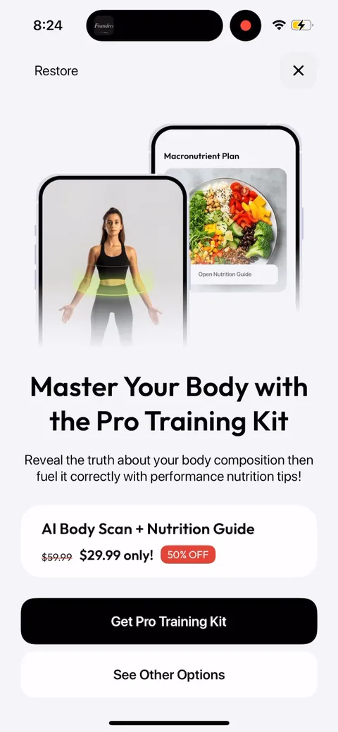 Zing Coach onboarding screen 76: Add-on paywall for the Pro Training Kit (AI Body Scan plus Nutrition Guide), $59.99 struck to $29.99 one-time