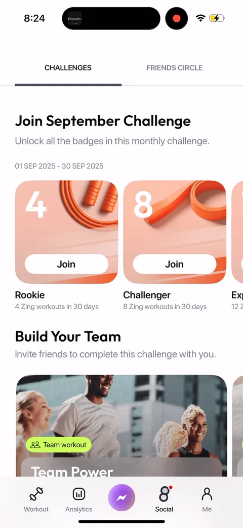 Zing Coach onboarding screen 82: Challenges with badges plus 'build your team, invite friends to complete this challenge'
