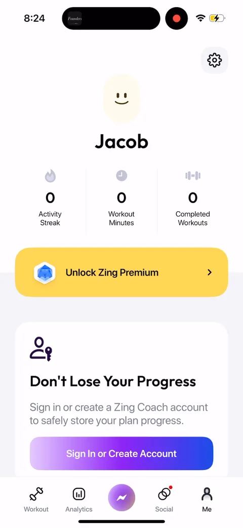 Zing Coach onboarding screen 84: Account creation finally appears, post-paywall, as 'Don't lose your progress, sign in or create an account to…