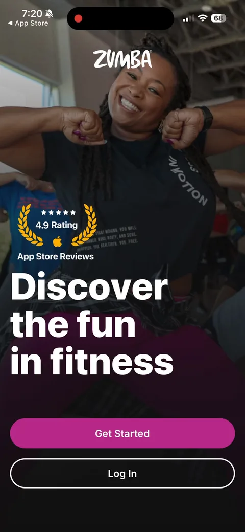 Zumba onboarding screen 1: 4.9 rating in App Store laurels on the very first screen, then 