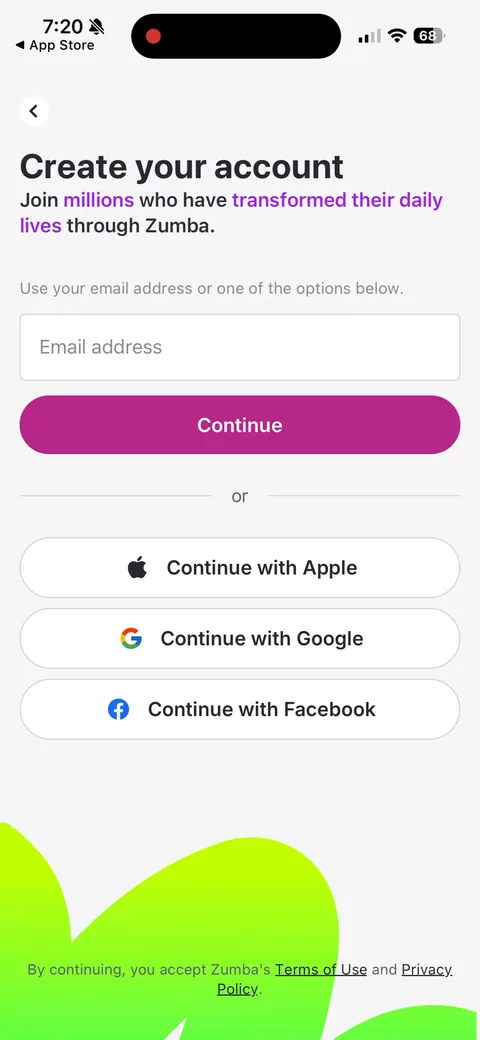Zumba onboarding screen 3: Account creation before a single question