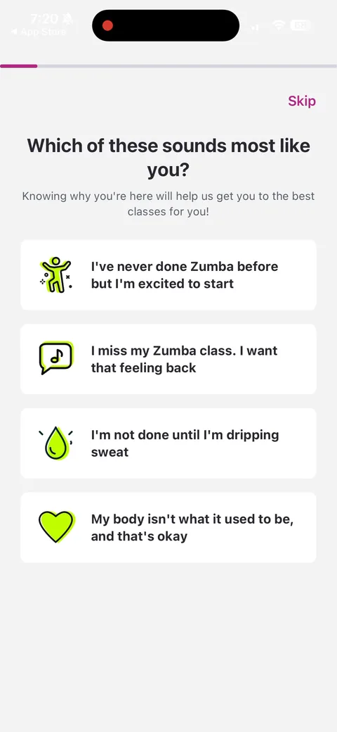 Zumba onboarding screen 10: 
