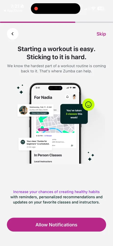 Zumba onboarding screen 12: Notification primer framed around the real problem: 