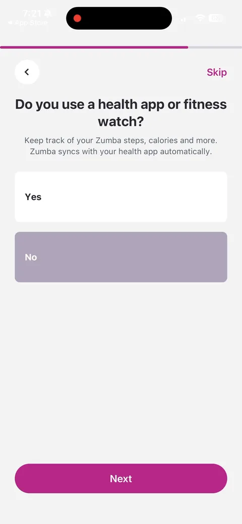 Zumba onboarding screen 13: Asks about a health app or fitness watch to sync 