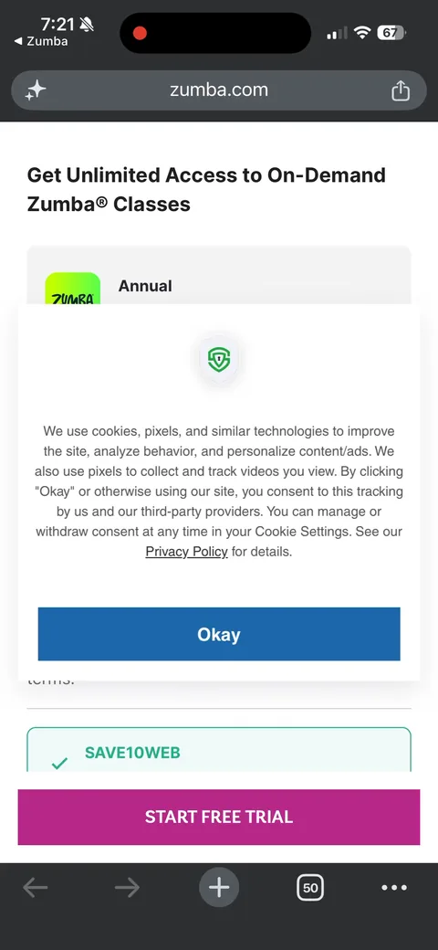 Zumba onboarding screen 19: First thing on the web: a cookie consent modal covering the checkout