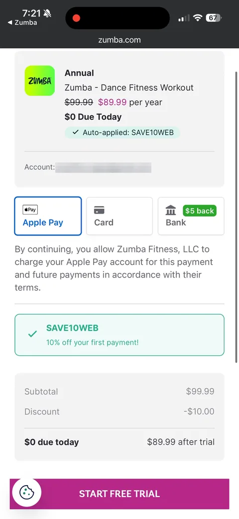 Zumba onboarding screen 20: Web checkout: Annual $99.99 struck through to $89.99, 