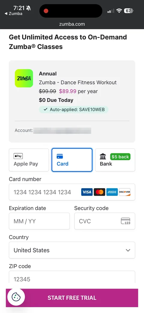 Zumba onboarding screen 25: Three payment options: Apple Pay, Card, and Bank with a green 