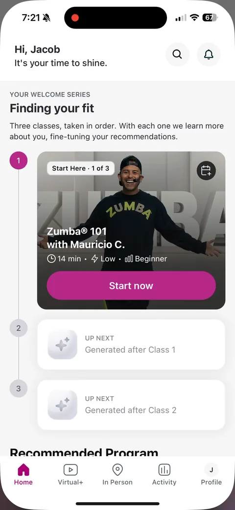 Zumba onboarding screen 29: Back in the app: 