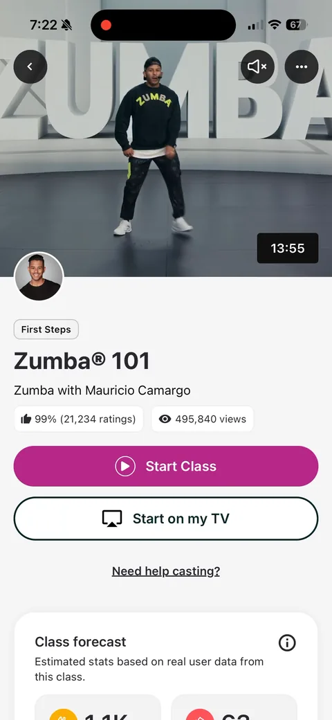 Zumba onboarding screen 31: The recommended class page: 