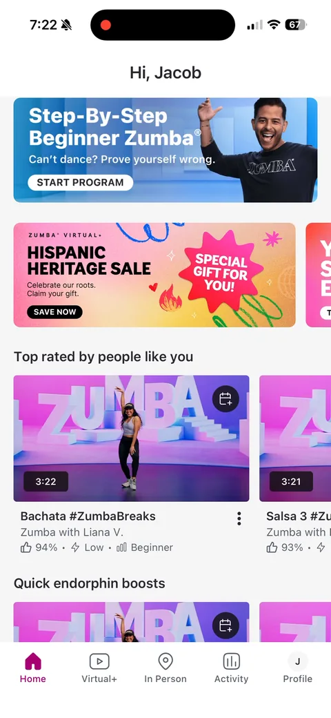 Zumba onboarding screen 33: Scrolling home shows a 