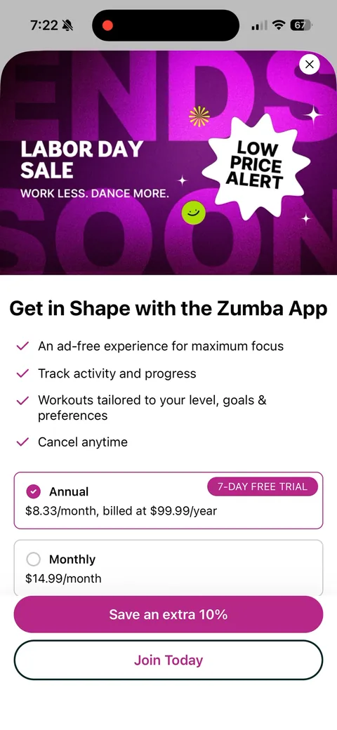 Zumba onboarding screen 35: Same paywall again, this time tapping 