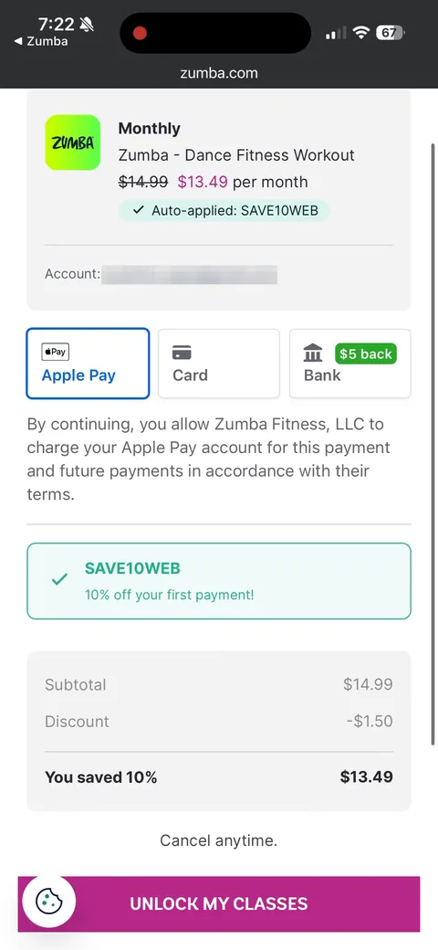 Zumba onboarding screen 41: Monthly on the web: $14.99 struck through to $13.49, 
